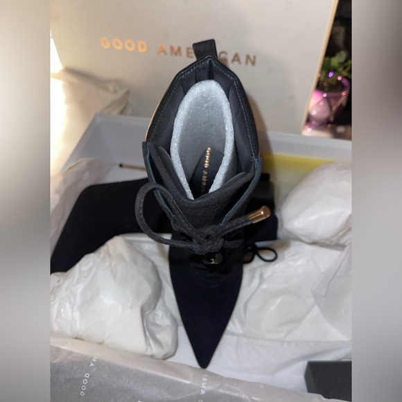 Good American Scandal Lace Up Stilleto Booties Stone BNWB Womens Size 9 Blk/Gold - Picture 15 of 16